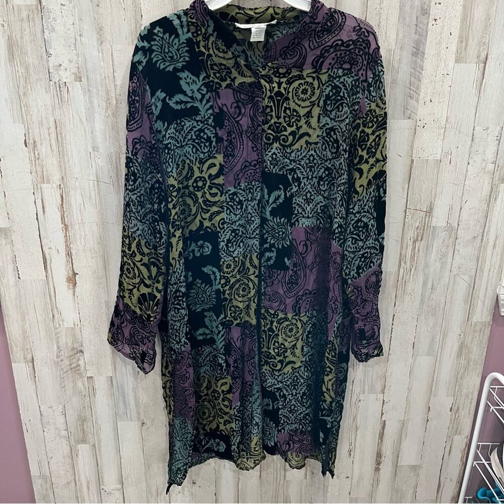 Vintage Caroline Rose Silk Sheer Velvet Duster Tunic Artsy Top Womens XL